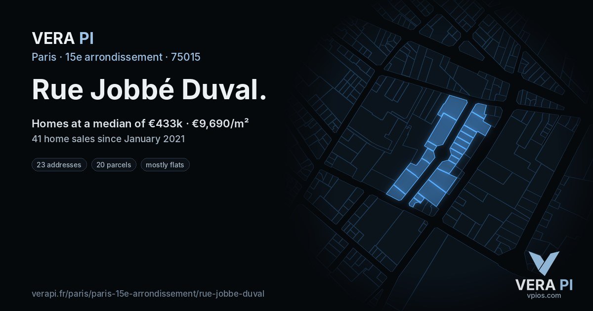 Rue Jobbé Duval, 15e arrondissement at night – every parcel coloured by the prices around it, the street's own parcels lit