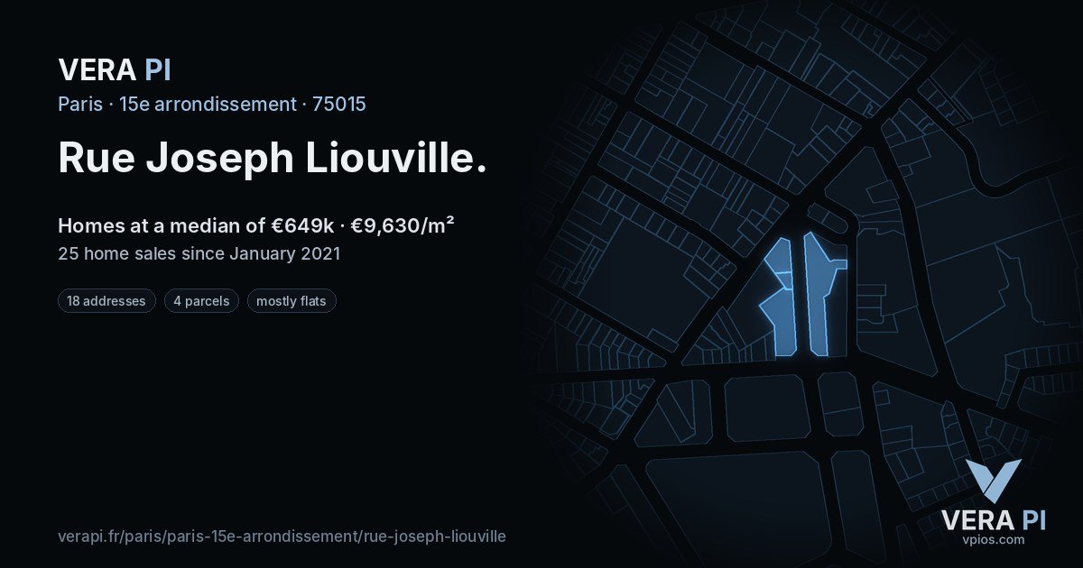 Rue Joseph Liouville, 15e arrondissement at night – every parcel coloured by the prices around it, the street's own parcels lit
