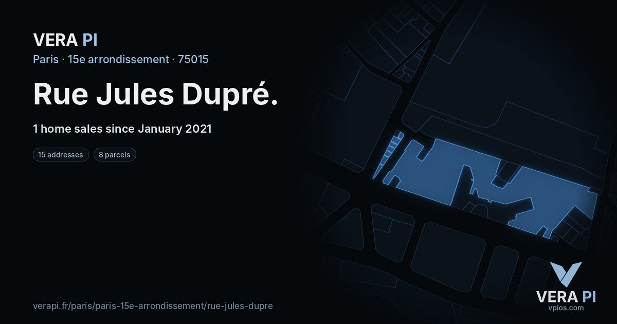 Rue Jules Dupré, 15e arrondissement at night – every parcel coloured by the prices around it, the street's own parcels lit