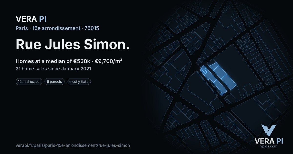 Rue Jules Simon, 15e arrondissement at night – every parcel coloured by the prices around it, the street's own parcels lit