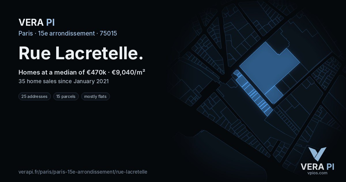 Rue Lacretelle, 15e arrondissement at night – every parcel coloured by the prices around it, the street's own parcels lit