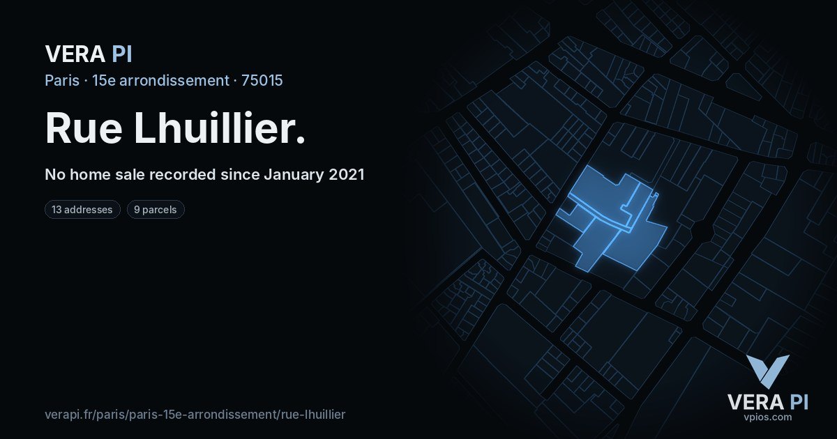 Rue Lhuillier, 15e arrondissement at night – every parcel coloured by the prices around it, the street's own parcels lit