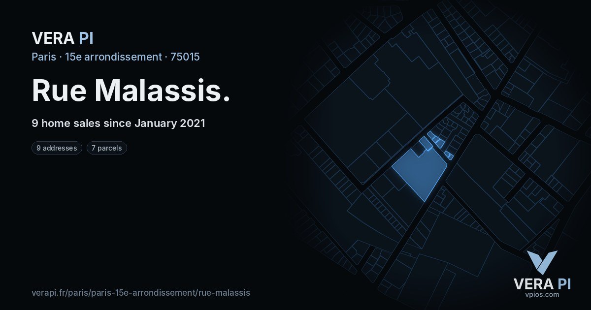 Rue Malassis, 15e arrondissement at night – every parcel coloured by the prices around it, the street's own parcels lit