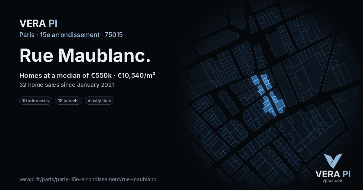 Rue Maublanc, 15e arrondissement at night – every parcel coloured by the prices around it, the street's own parcels lit