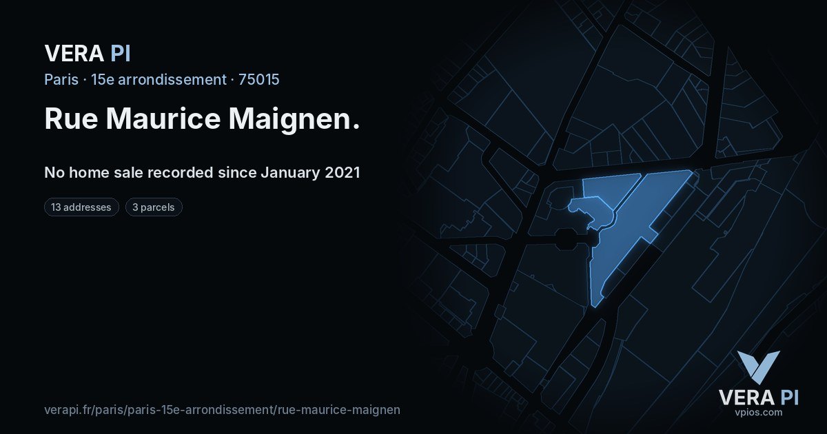 Rue Maurice Maignen, 15e arrondissement at night – every parcel coloured by the prices around it, the street's own parcels lit