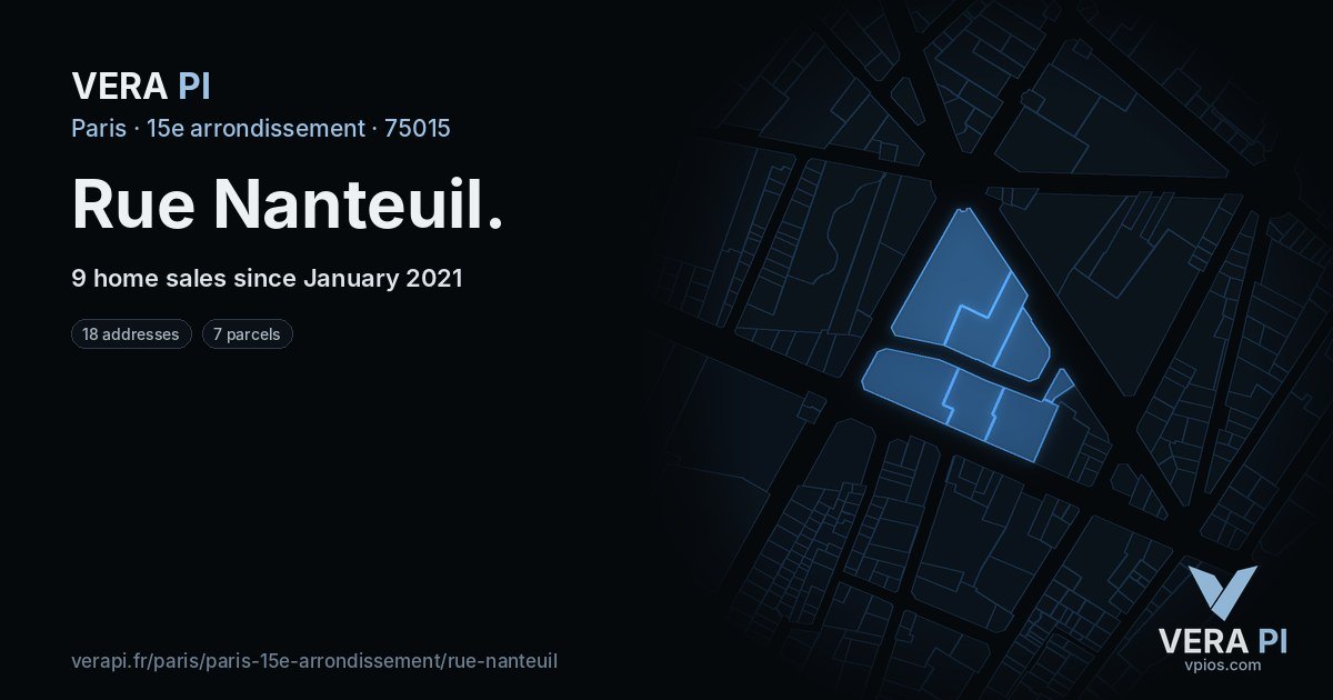 Rue Nanteuil, 15e arrondissement at night – every parcel coloured by the prices around it, the street's own parcels lit