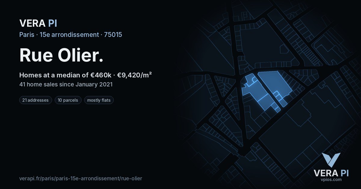Rue Olier, 15e arrondissement at night – every parcel coloured by the prices around it, the street's own parcels lit
