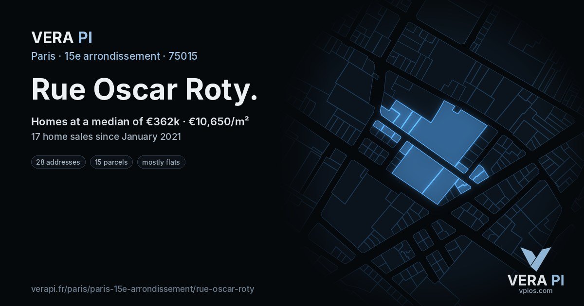 Rue Oscar Roty, 15e arrondissement at night – every parcel coloured by the prices around it, the street's own parcels lit