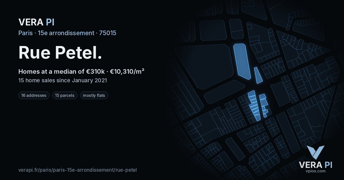 Rue Petel, 15e arrondissement at night – every parcel coloured by the prices around it, the street's own parcels lit
