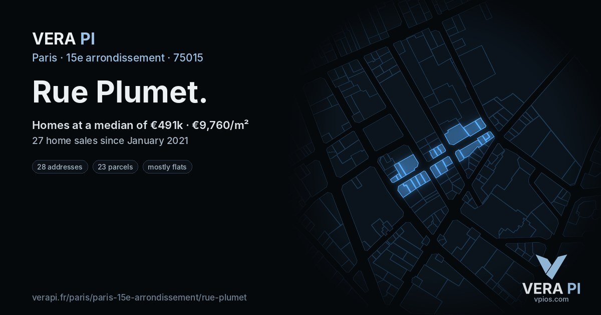 Rue Plumet, 15e arrondissement at night – every parcel coloured by the prices around it, the street's own parcels lit
