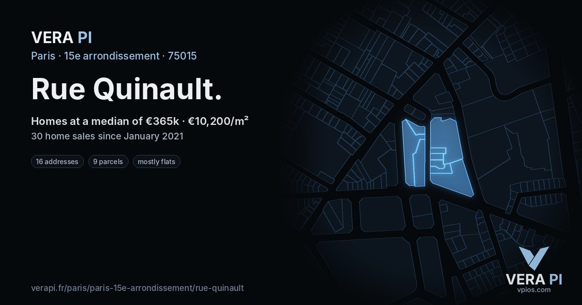 Rue Quinault, 15e arrondissement at night – every parcel coloured by the prices around it, the street's own parcels lit