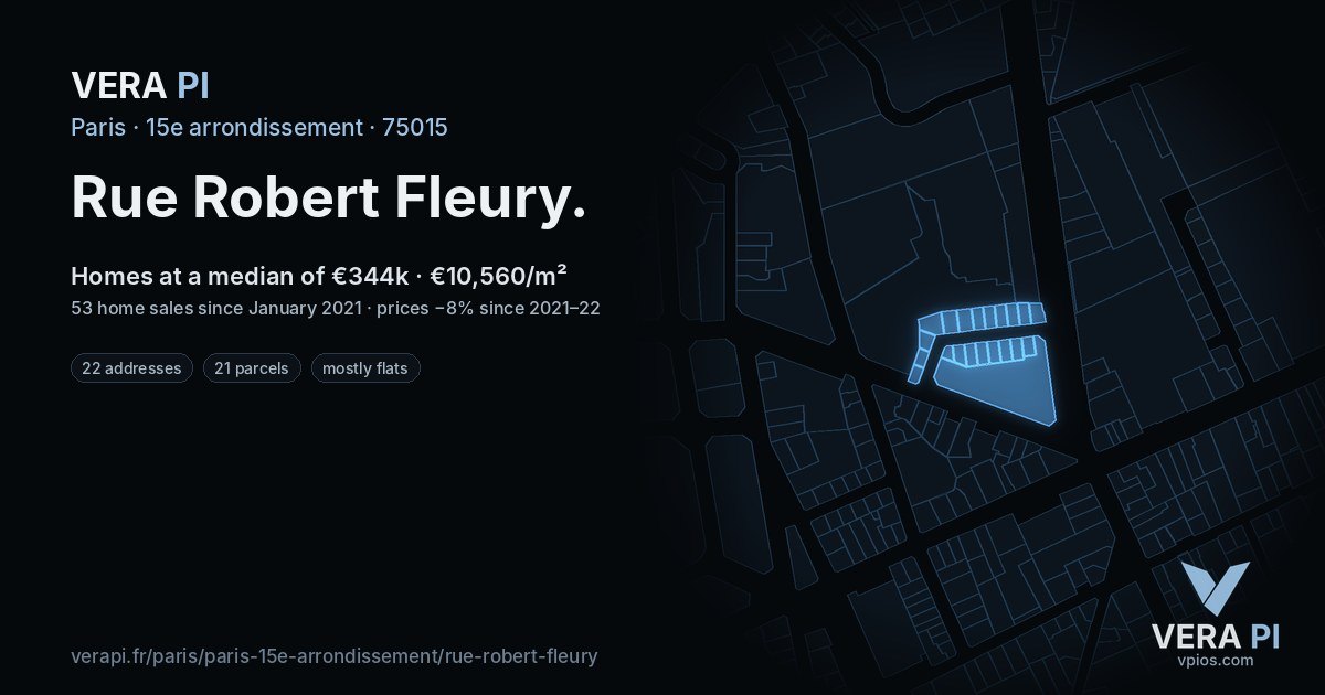 Rue Robert Fleury, 15e arrondissement at night – every parcel coloured by the prices around it, the street's own parcels lit
