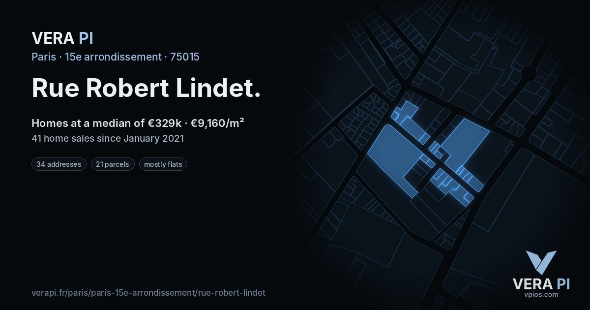 Rue Robert Lindet, 15e arrondissement at night – every parcel coloured by the prices around it, the street's own parcels lit