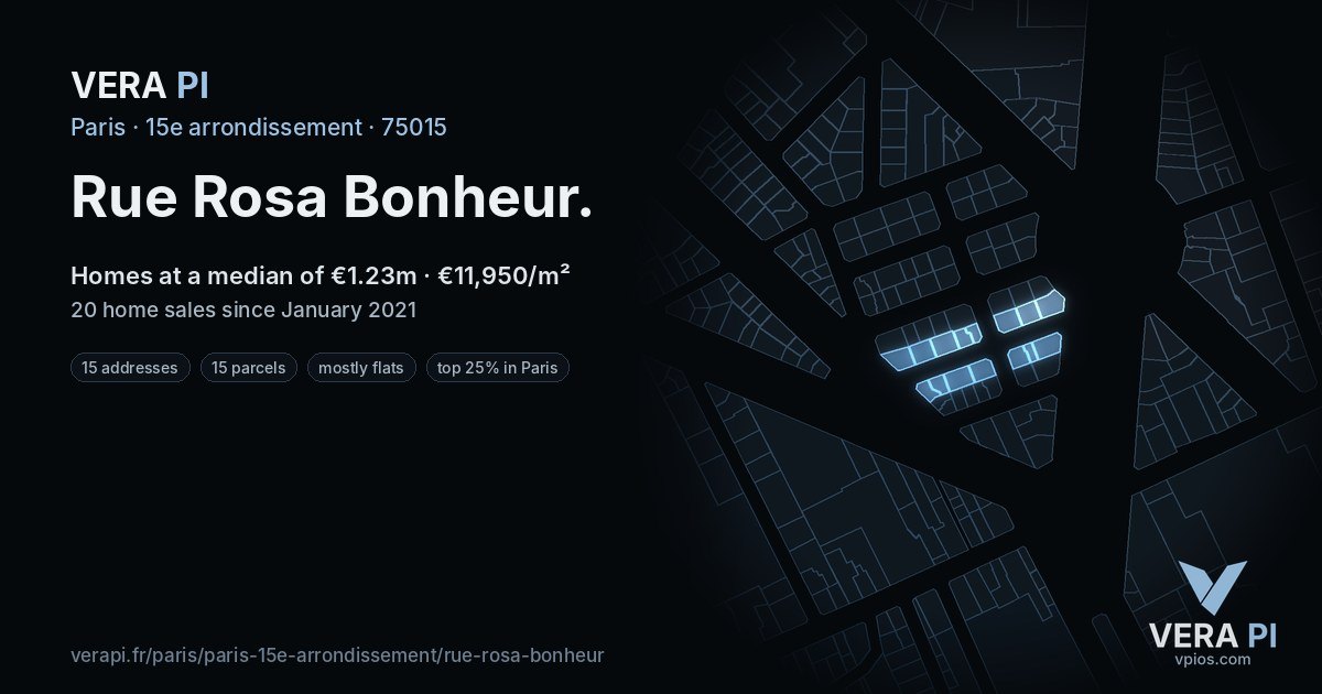 Rue Rosa Bonheur, 15e arrondissement at night – every parcel coloured by the prices around it, the street's own parcels lit
