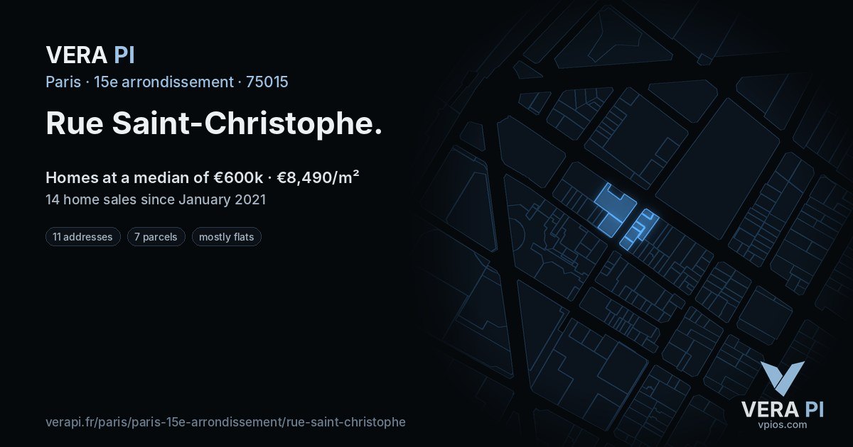 Rue Saint-Christophe, 15e arrondissement at night – every parcel coloured by the prices around it, the street's own parcels lit