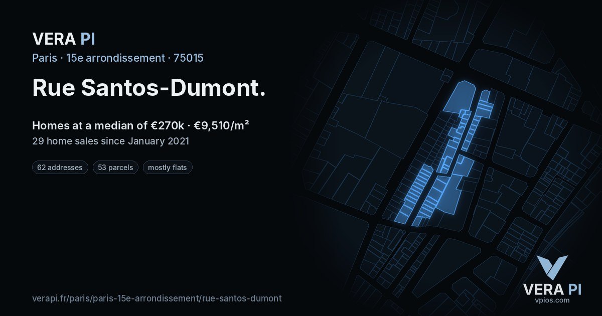 Rue Santos-Dumont, 15e arrondissement at night – every parcel coloured by the prices around it, the street's own parcels lit