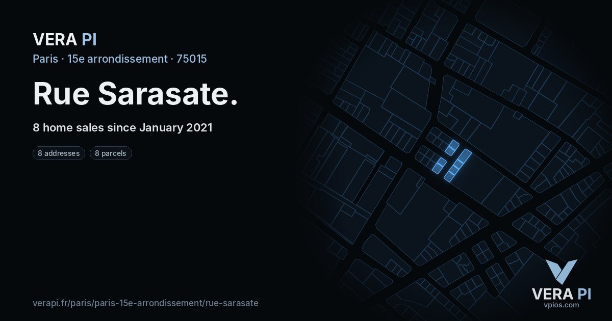 Rue Sarasate, 15e arrondissement at night – every parcel coloured by the prices around it, the street's own parcels lit