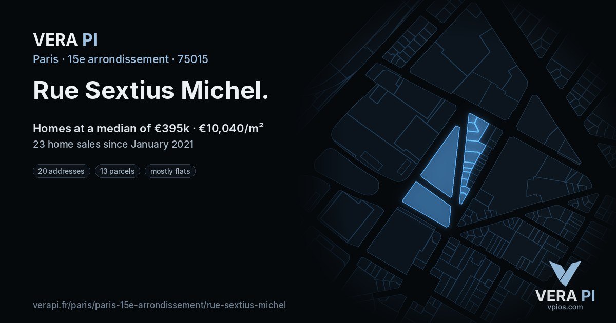 Rue Sextius Michel, 15e arrondissement at night – every parcel coloured by the prices around it, the street's own parcels lit