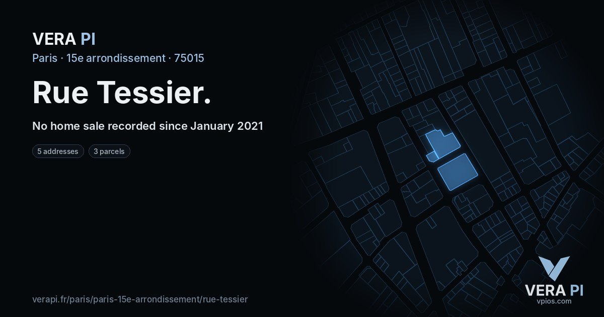 Rue Tessier, 15e arrondissement at night – every parcel coloured by the prices around it, the street's own parcels lit