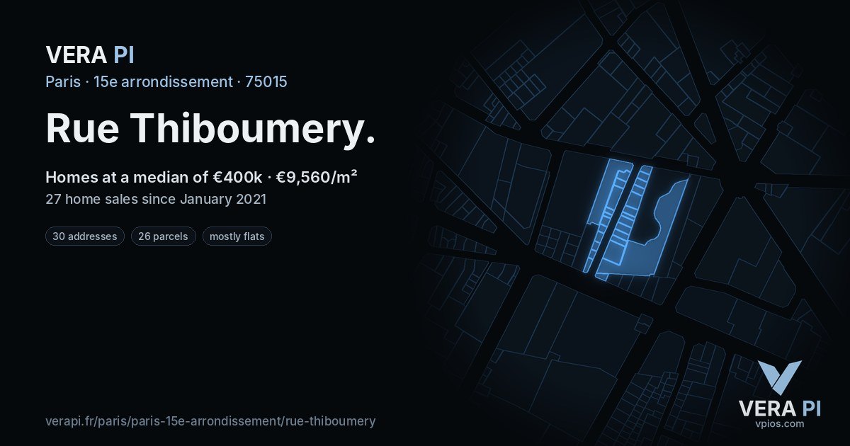 Rue Thiboumery, 15e arrondissement at night – every parcel coloured by the prices around it, the street's own parcels lit