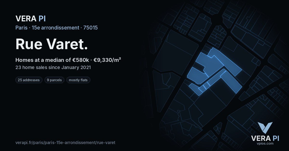 Rue Varet, 15e arrondissement at night – every parcel coloured by the prices around it, the street's own parcels lit