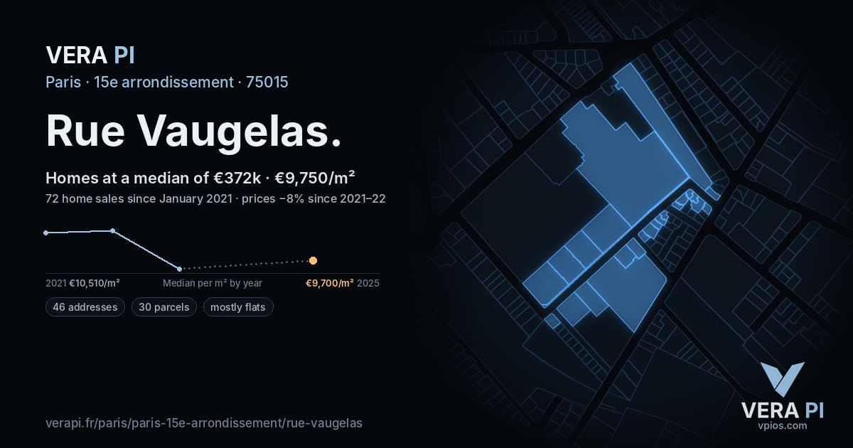 Rue Vaugelas, 15e arrondissement at night – every parcel coloured by the prices around it, the street's own parcels lit