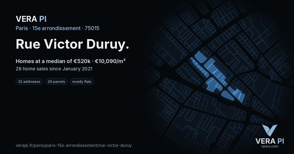 Rue Victor Duruy, 15e arrondissement at night – every parcel coloured by the prices around it, the street's own parcels lit
