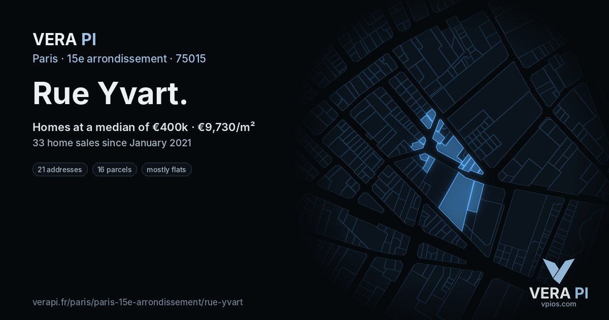 Rue Yvart, 15e arrondissement at night – every parcel coloured by the prices around it, the street's own parcels lit