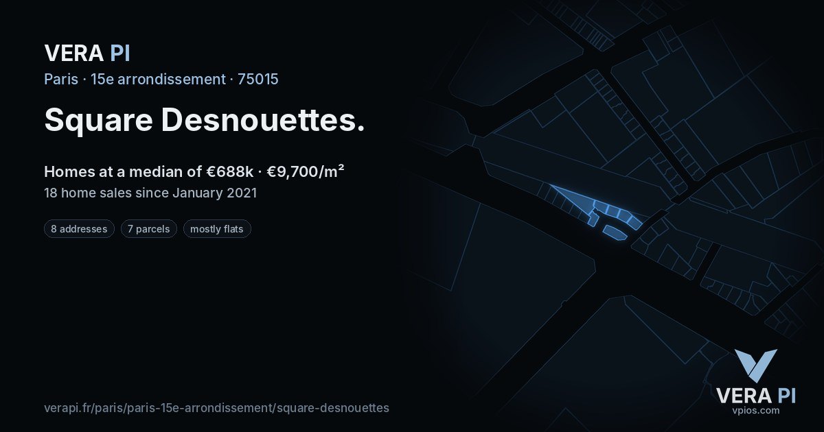 Square Desnouettes, 15e arrondissement at night – every parcel coloured by the prices around it, the street's own parcels lit