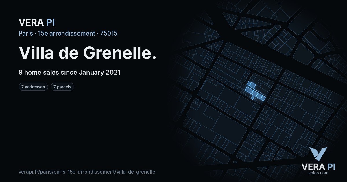 Villa de Grenelle, 15e arrondissement at night – every parcel coloured by the prices around it, the street's own parcels lit