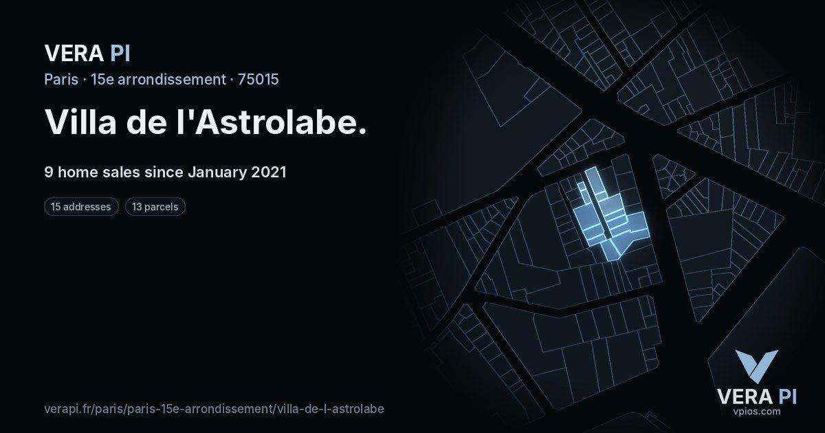 Villa de l'Astrolabe, 15e arrondissement at night – every parcel coloured by the prices around it, the street's own parcels lit