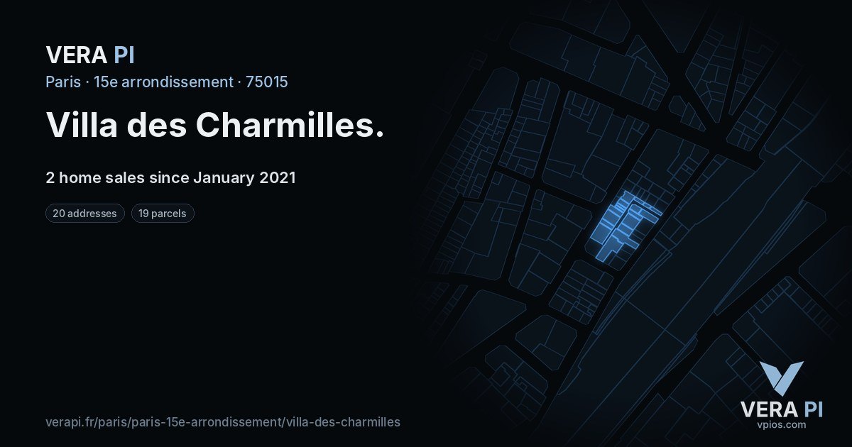 Villa des Charmilles, 15e arrondissement at night – every parcel coloured by the prices around it, the street's own parcels lit
