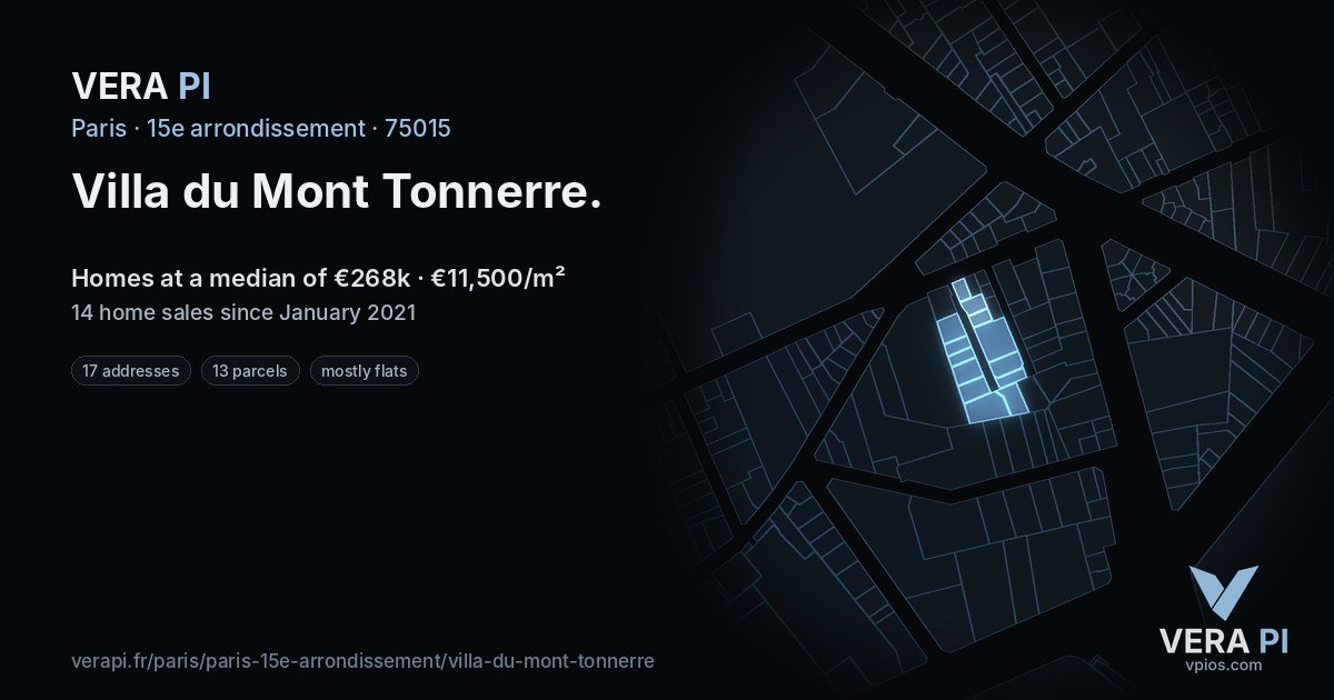 Villa du Mont Tonnerre, 15e arrondissement at night – every parcel coloured by the prices around it, the street's own parcels lit