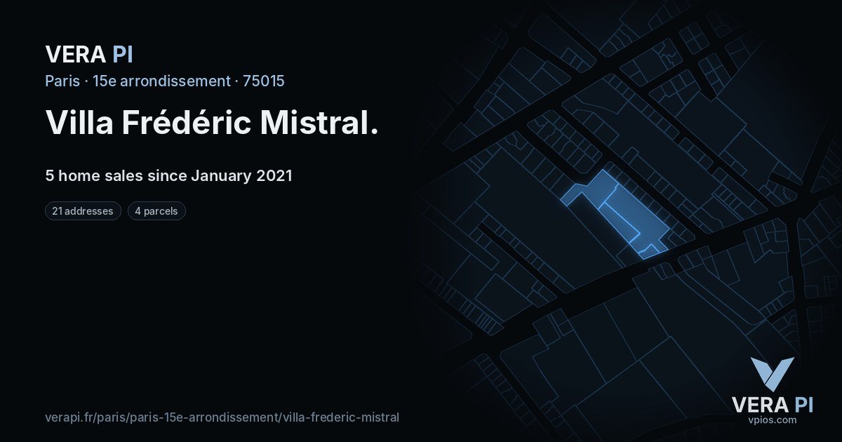 Villa Frédéric Mistral, 15e arrondissement at night – every parcel coloured by the prices around it, the street's own parcels lit
