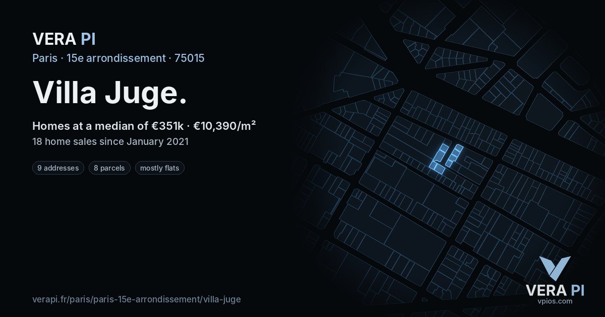 Villa Juge, 15e arrondissement at night – every parcel coloured by the prices around it, the street's own parcels lit