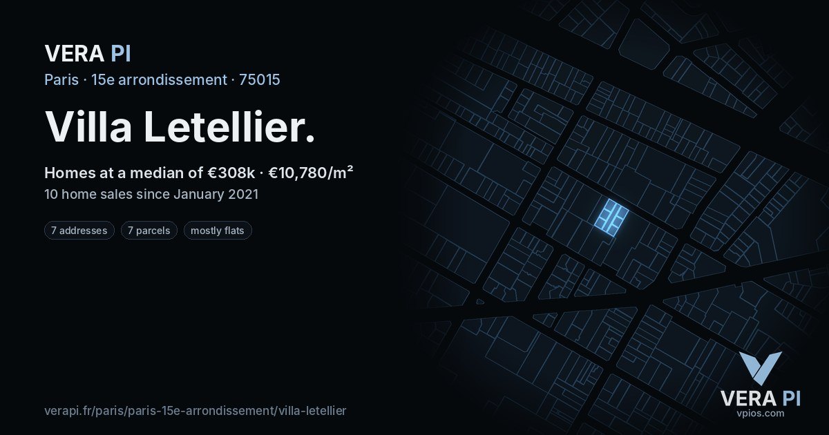 Villa Letellier, 15e arrondissement at night – every parcel coloured by the prices around it, the street's own parcels lit