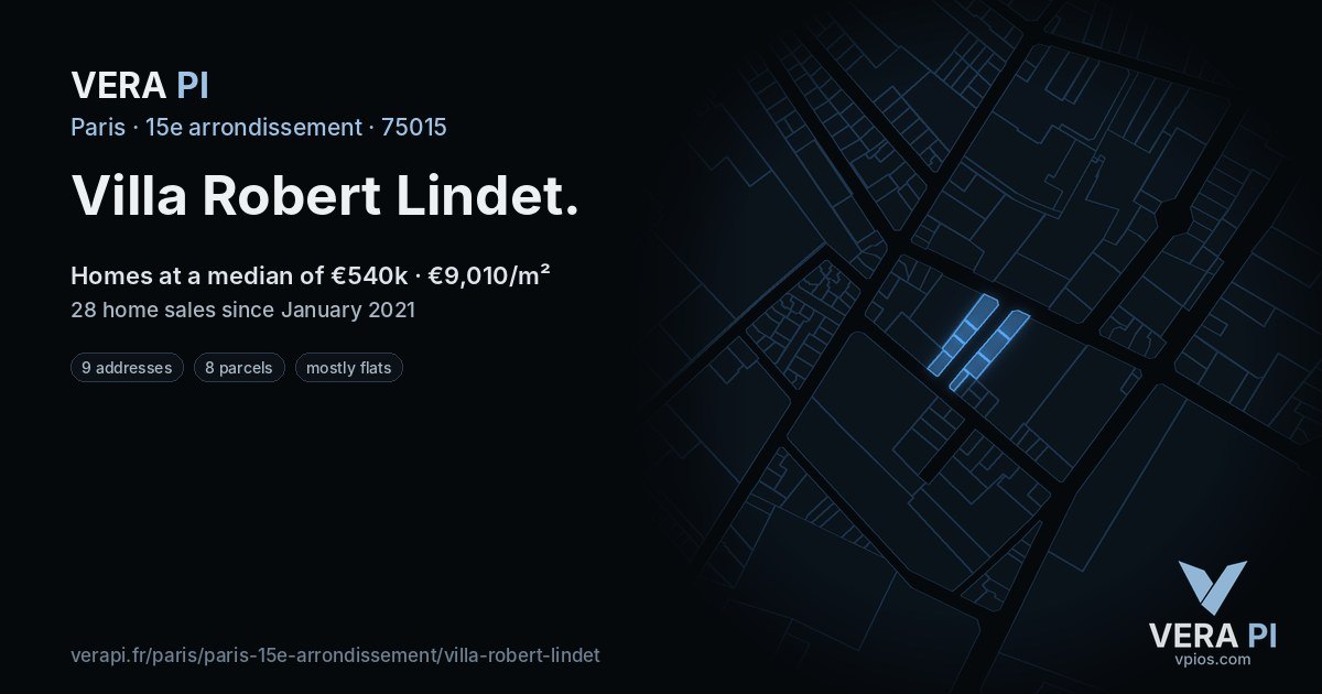 Villa Robert Lindet, 15e arrondissement at night – every parcel coloured by the prices around it, the street's own parcels lit