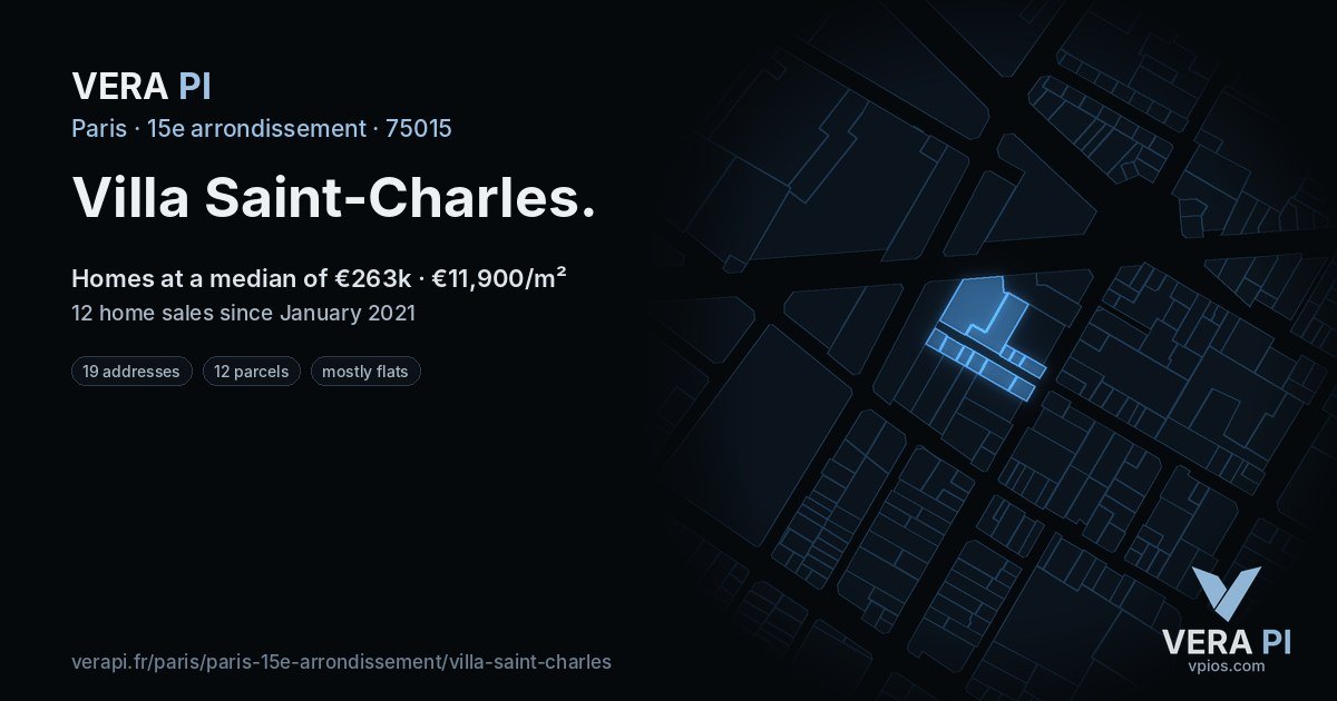 Villa Saint-Charles, 15e arrondissement at night – every parcel coloured by the prices around it, the street's own parcels lit