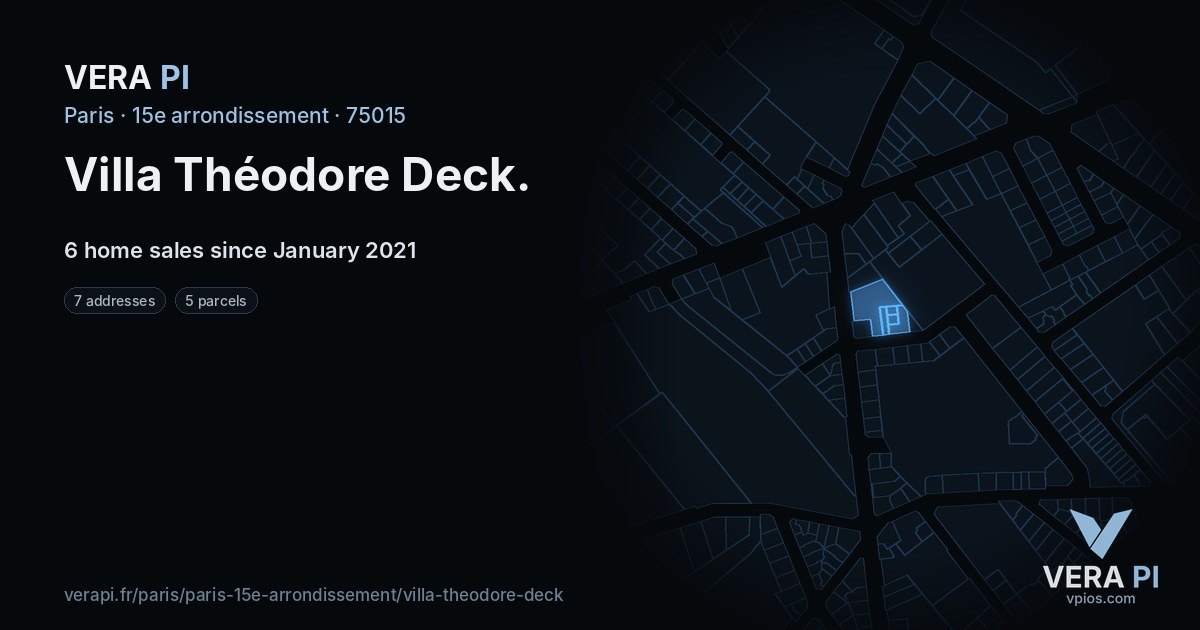 Villa Théodore Deck, 15e arrondissement at night – every parcel coloured by the prices around it, the street's own parcels lit