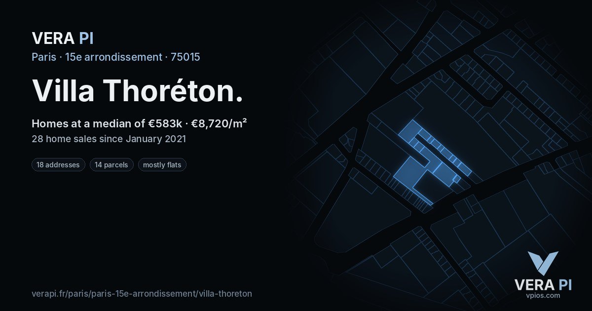 Villa Thoréton, 15e arrondissement at night – every parcel coloured by the prices around it, the street's own parcels lit