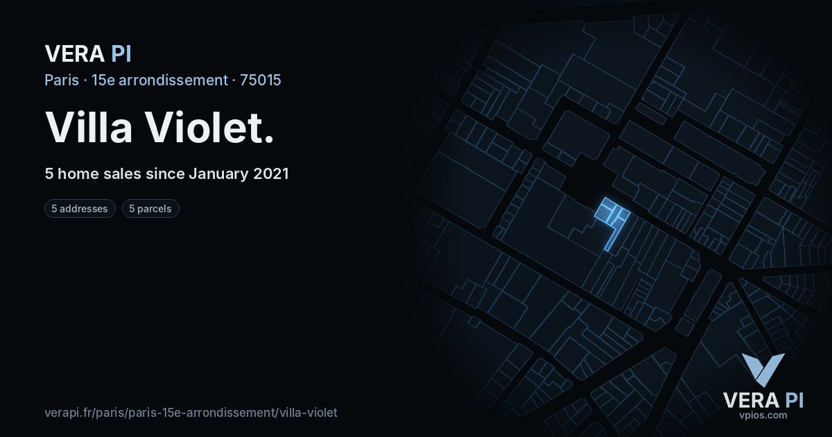 Villa Violet, 15e arrondissement at night – every parcel coloured by the prices around it, the street's own parcels lit