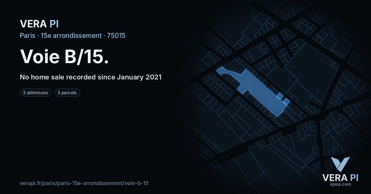 Voie B/15, 15e arrondissement at night – every parcel coloured by the prices around it, the street's own parcels lit
