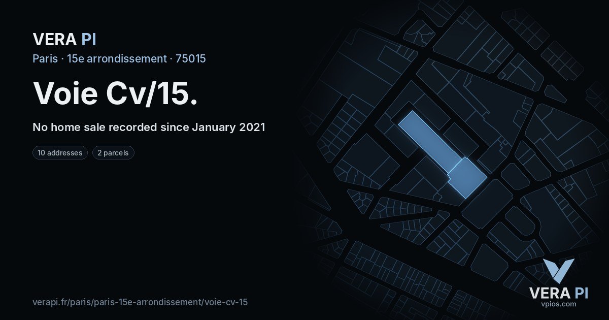Voie Cv/15, 15e arrondissement at night – every parcel coloured by the prices around it, the street's own parcels lit