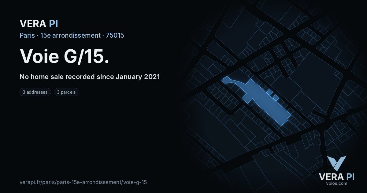 Voie G/15, 15e arrondissement at night – every parcel coloured by the prices around it, the street's own parcels lit