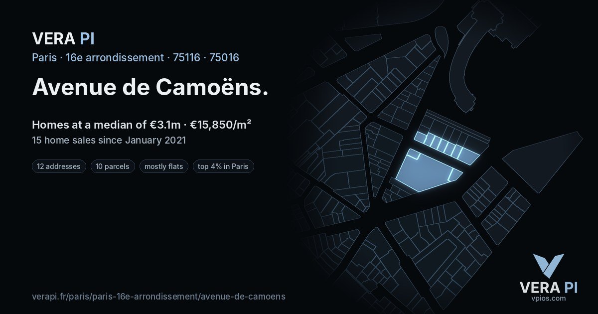 Avenue de Camoëns, 16e arrondissement at night – every parcel coloured by the prices around it, the street's own parcels lit