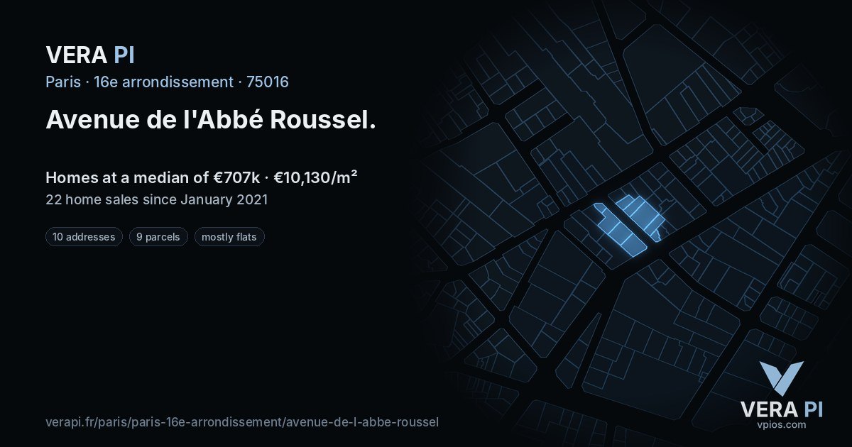 Avenue de l'Abbé Roussel, 16e arrondissement at night – every parcel coloured by the prices around it, the street's own parcels lit