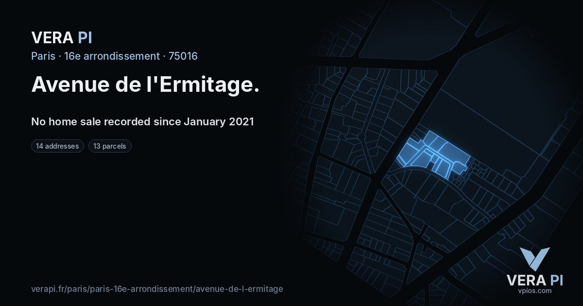 Avenue de l'Ermitage, 16e arrondissement at night – every parcel coloured by the prices around it, the street's own parcels lit