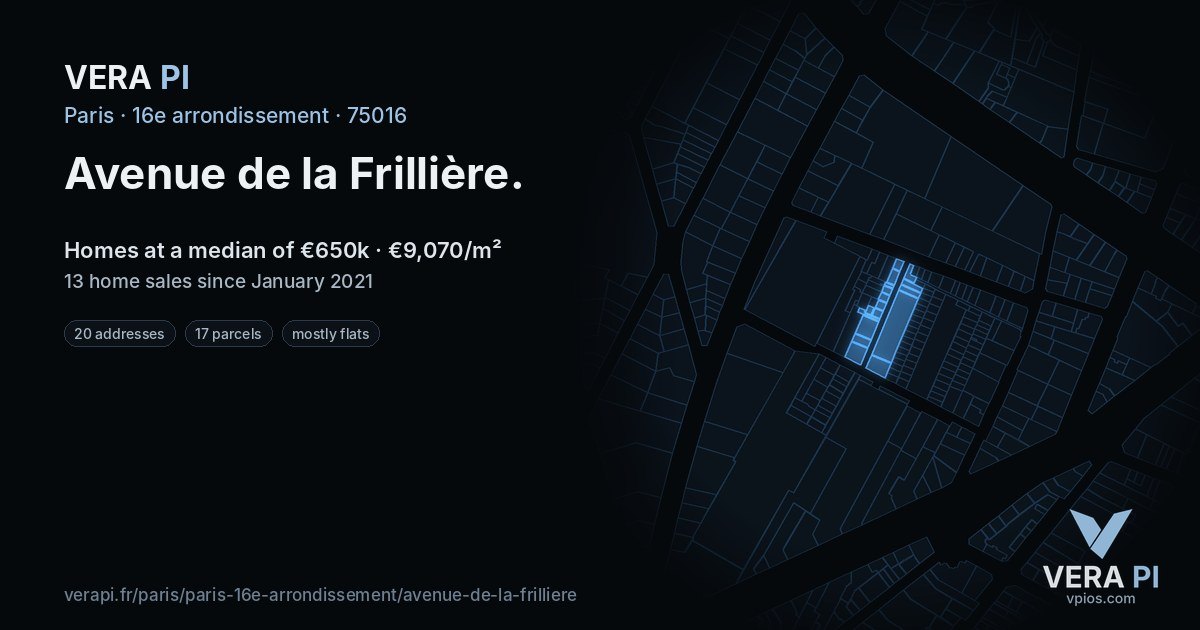 Avenue de la Frillière, 16e arrondissement at night – every parcel coloured by the prices around it, the street's own parcels lit