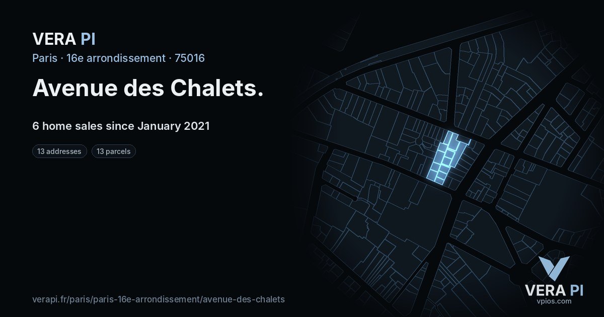 Avenue des Chalets, 16e arrondissement at night – every parcel coloured by the prices around it, the street's own parcels lit