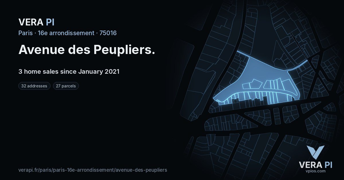 Avenue des Peupliers, 16e arrondissement at night – every parcel coloured by the prices around it, the street's own parcels lit